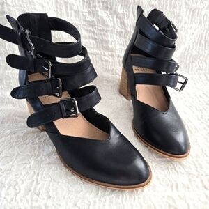 Women's Black Western Strappy Ankle Boots Buckle Cowgirl Block‎ Heel Sz 6.5